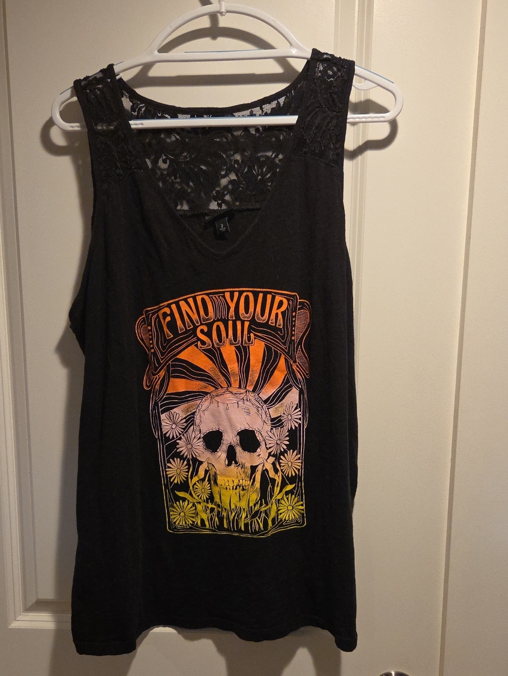 Find Your Soul Lace-Back Graphic Tank Top - Black with Orange/Yellow Print